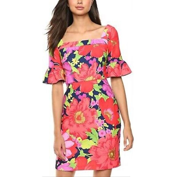🆕️ Trina Turk Kanan Square Neck Ruffle Sleeve Shift Dress Red Pink Poppy Floral - Picture 1 of 12